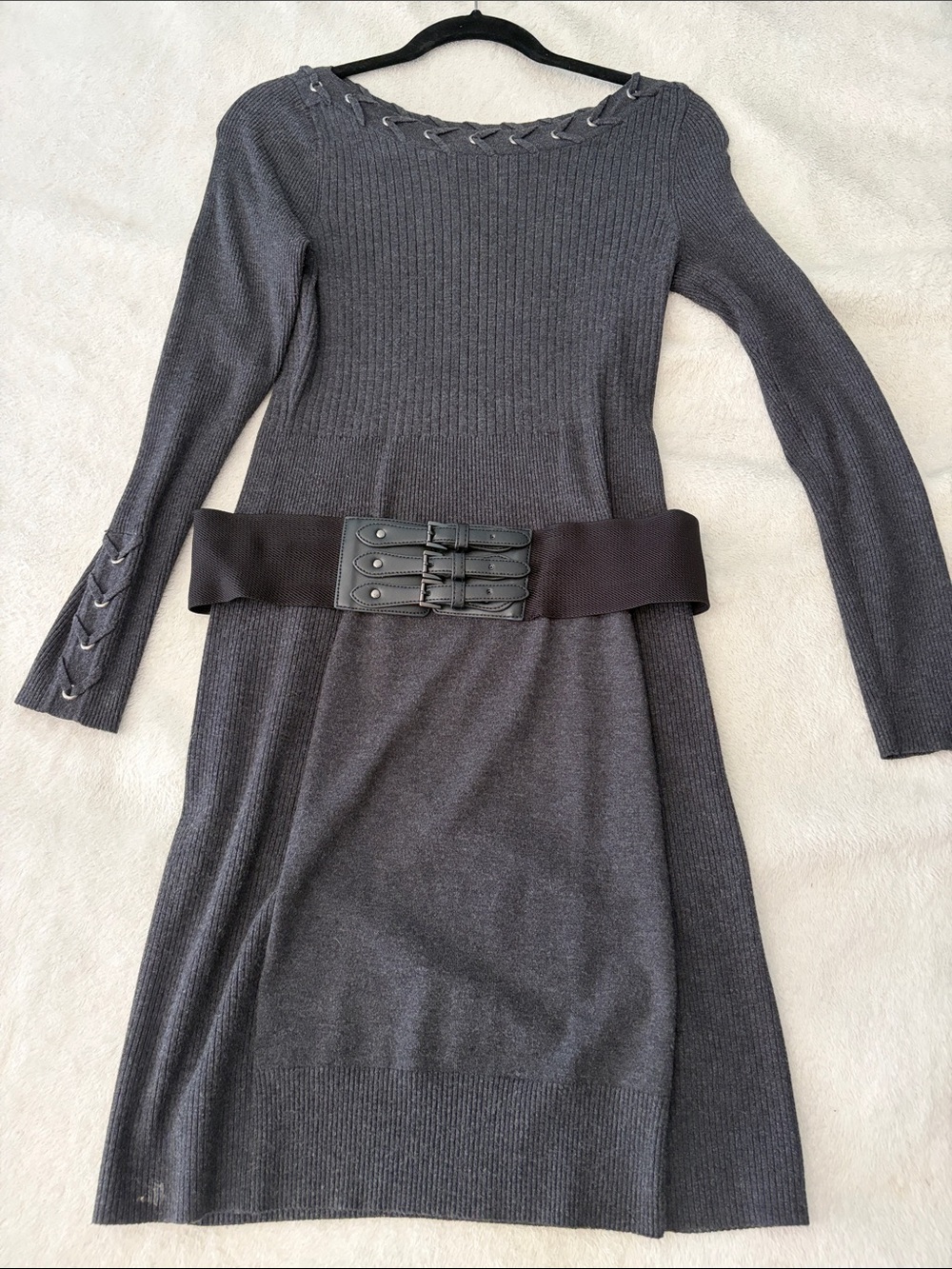 Cache Charcoal Gray Long Sleeve Knit Dress with Lace-Up Details with belt